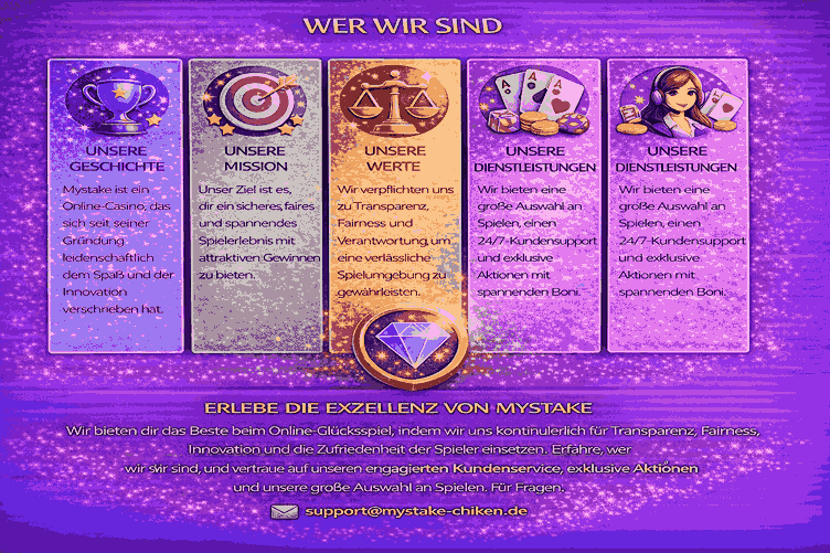 Wer wir sind Geschichte Mission Werte und Dienstleistungen Mystake grosse Spielauswahl Kundensupport 24 7 exklusive Aktionen