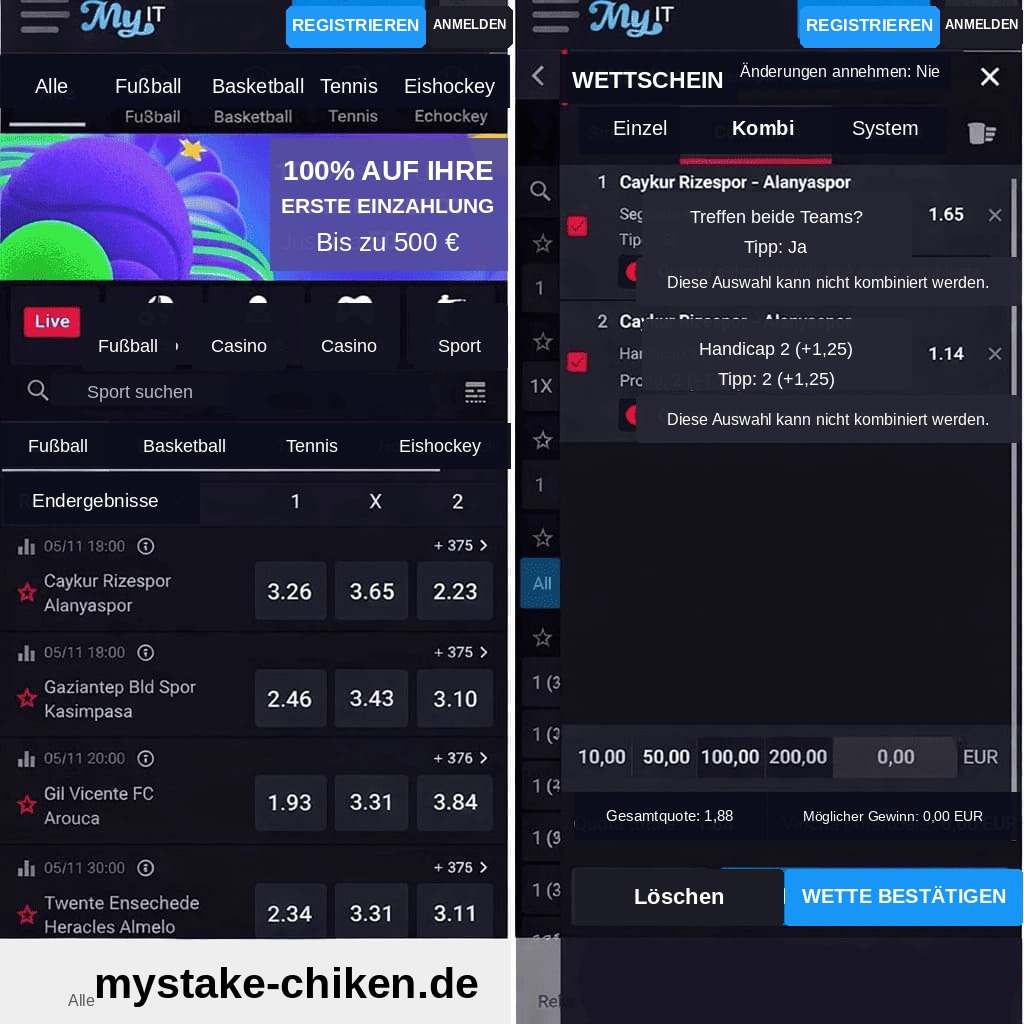 Mobile Ansicht von mystake-chiken.de auf Deutsch mit Sportwetten-Oberfläche, Bonusbanner, Fußballspielen und geöffnetem Wettschein.